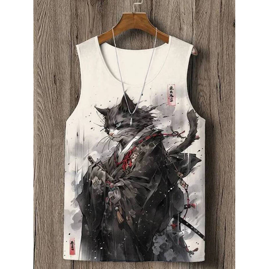 2026 Anime Mới Samurai Mèo In 3D Unisex Áo Vest Rời Không Tay Áo Thun