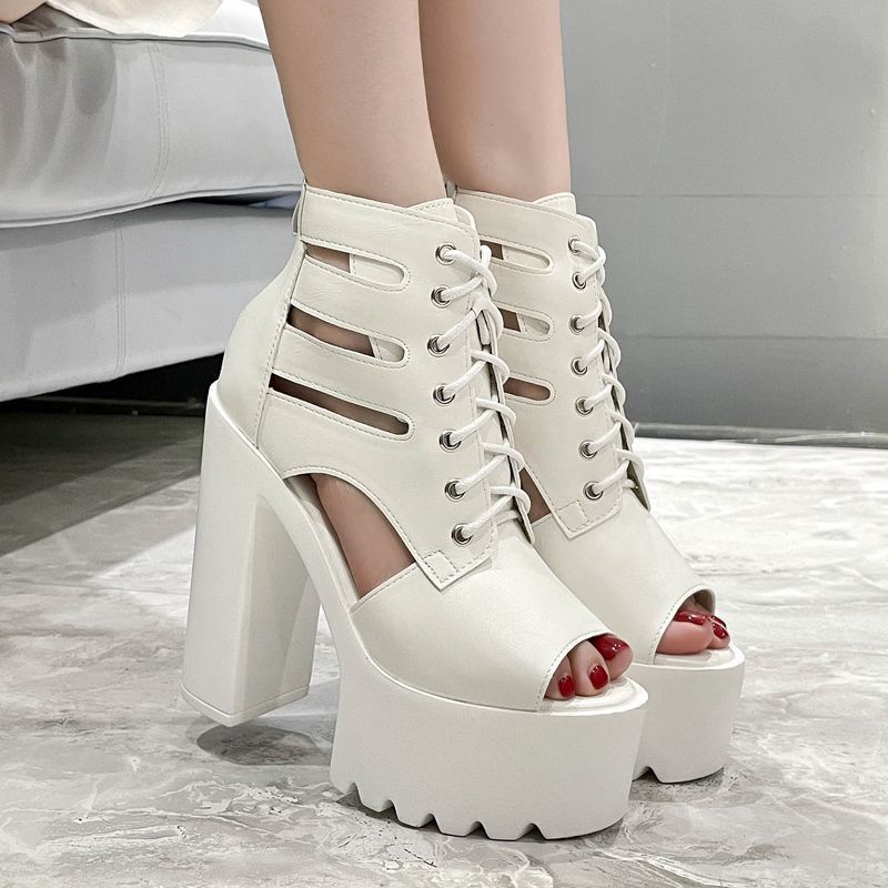 Giày Sandal La Mã Gót Dày Gót Siêu Cao Nữ Xuân Thu Phong Cách Mới Ghét Bầu Trời Cao 14cm Đế Dày Rỗng Cá Miệng Ren-U