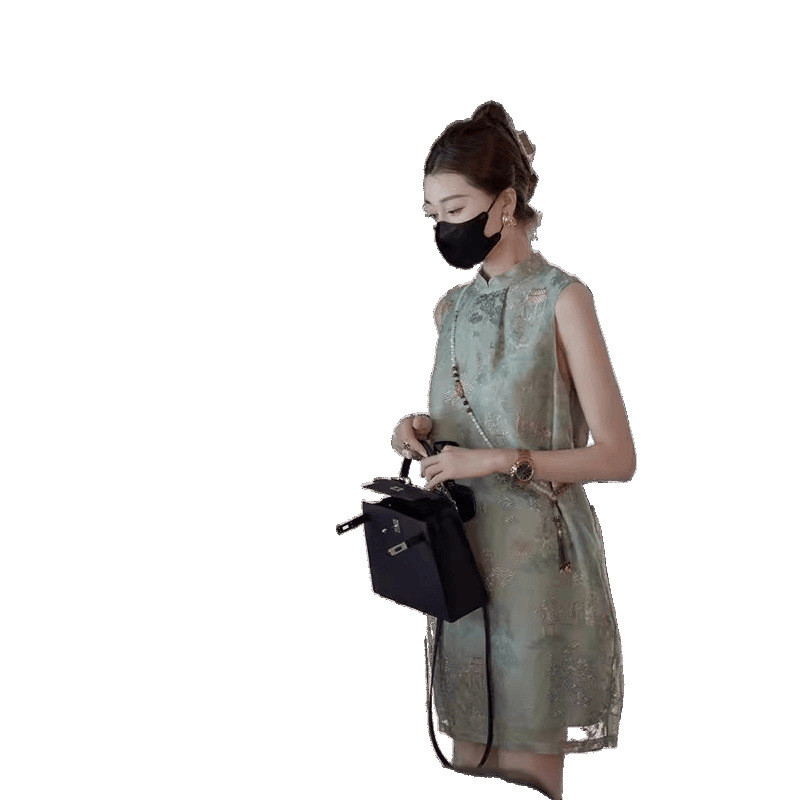 Đầm Qipao phong cách Trung Quốc mới cải tiến, kiểu dáng cổ điển, mùa hè, size lớn, áo ghi lê không tay thêu hoa dài