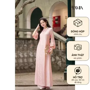 Áo dài AD271 - QD010 cách tân tay ngắn phối họa tiết nhí tà ngắn