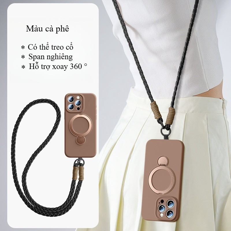 Ốp Lưng Silicone Mềm Giá đỡ Xoay 360° Cho IPhone 17 16 15 14 13 Pro Max | Chống Sốc Kèm Dây đeo Chéo Dài