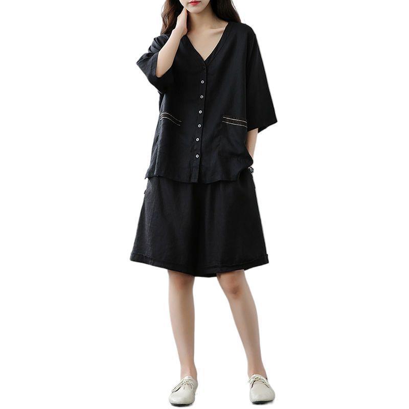 Áo vải cotton-linen, quần short ống rộng dáng suông, bộ hai mảnh giả linen thời trang mùa hè mới dành cho nữ.