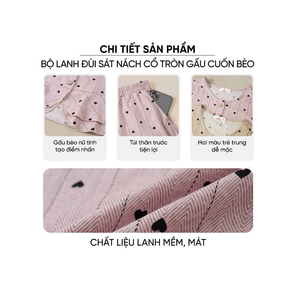 Bộ đồ nữ CARDINA chất liệu lanh sát nách cổ tròn gấu cuốn bèo và quần đùi 6BLN02