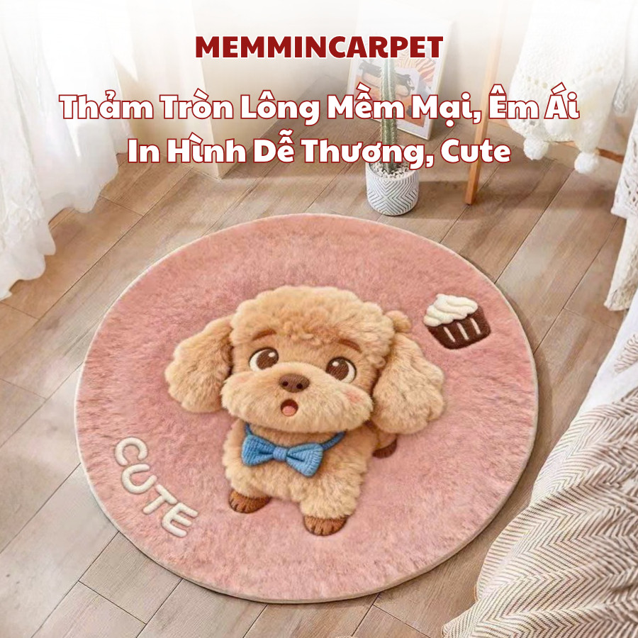 Thảm tròn lông mềm mịn đế dệt , thảm tròn decor, thảm hoạ tiết hoạt hình dễ thương đáng yêu - Memmincarpet -