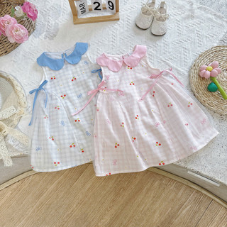 [8-26kg]  Váy Đầm Hè Thô Cotton Sát Nách Cổ Sen Nơ 2 Bên Cho Bé Gái Đi Học Đi Chơi Xanh- Hồng