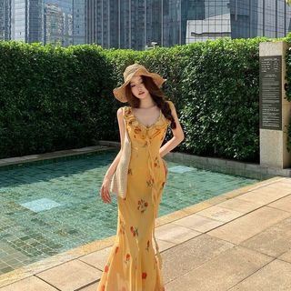 Đầm dây cổ V hoa vàng phong cách Pháp cho nữ, đầm dài ôm sát mùa hè trẻ trung quyến rũ