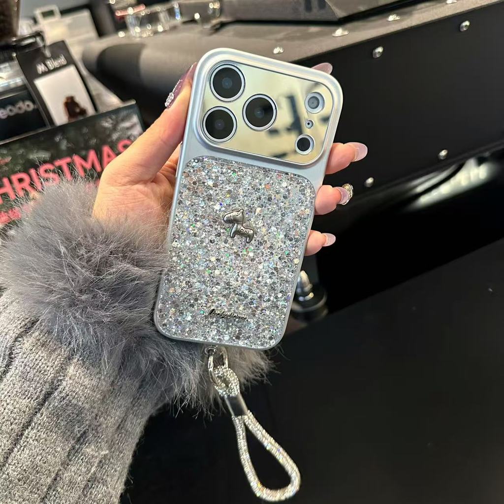 Ốp điện thoại hình ngựa kim cương mờ + dây buộc cho IPhone 17 Pro Max 17 16 15 14 13 Vỏ điện thoại chống rung
