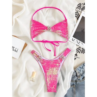 Đồ bơi bikini nữ màu vàng bronzeing họa tiết ngôi sao, thiết kế hai mảnh
