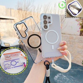 Nắp ống kính từ tính Vỏ trong suốt cho Samsung Galaxy S26 S25 S24 S23 Ultra Plus có dây đeo cổ tay Ống kính đứng