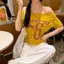 Áo đeo vai JVSUB, Tay ngắn in chữ Y2k, Cổ xiên thời trang Body Crop Top Phong cách cổ điển