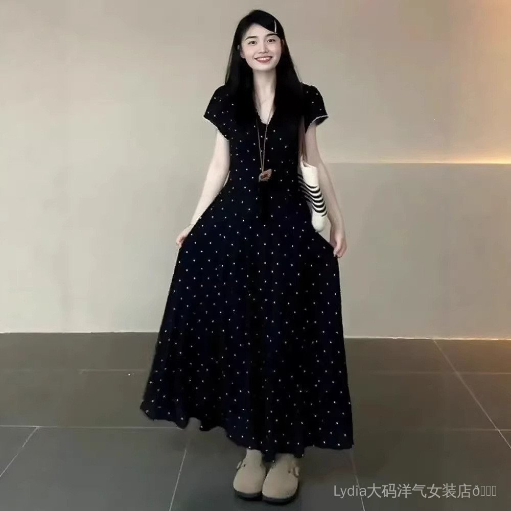 <![Giảm giá 10%] Đầm rộng hẹp cổ chữ V chấm bi phong cách phương Tây, phù hợp plus size, giúp body hình quả lê nhìn gọn gàng hơn