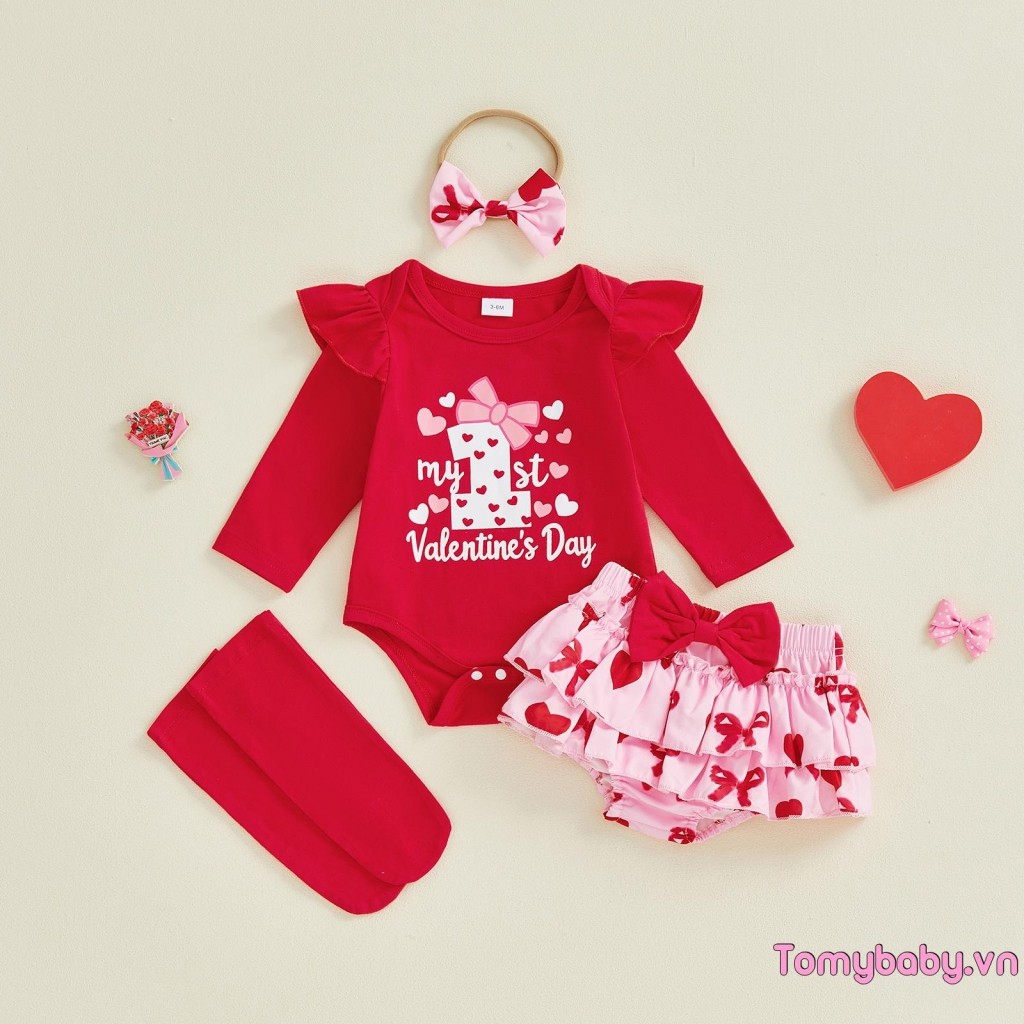 Trang phục ngày lễ tình nhân cho bé gái Áo liền quần dài tay in hình trái tim + Ruffle Skort + Băng đô + Bộ vớ