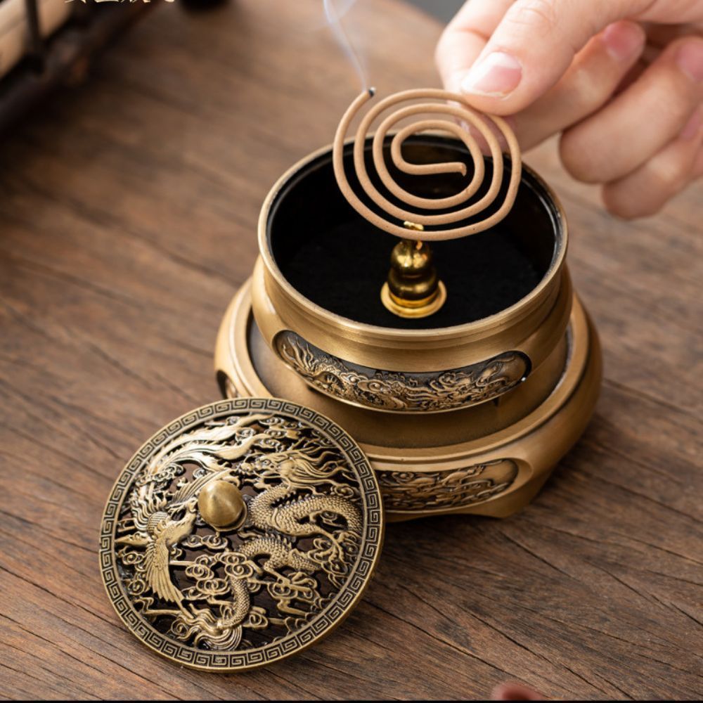 Lư đồng hương đạo chuyên nhang vòng Đỉnh Đốt Nhang, Mẫu Long Phụng, có đế, Thiết Kế Tinh Xảo