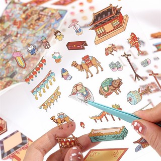 ENWEI 16 Chiếc [Dòng Cuộn Nổi] Nhãn Dán Phong Cảnh 3D Chống Thấm Nước Cực Dài Cung Điện Tiệc Đêm Đèn Lồng Lễ Hội Phong Cách Kawaii Thêu Sò