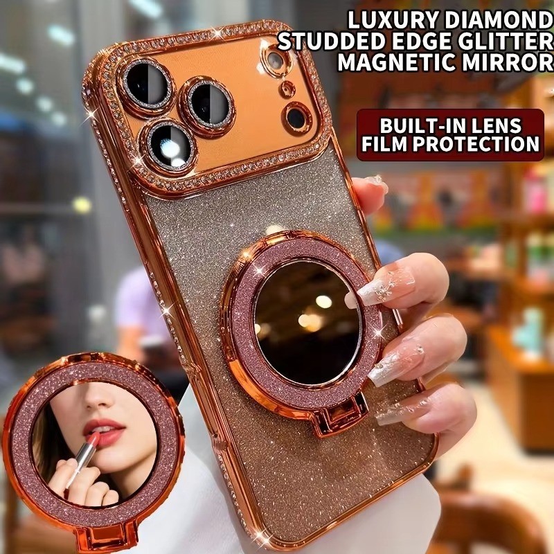 Gương Lấp Lánh Đứng Từ Tính Ốp Lưng Điện Thoại iPhone 17 16 15 14 13 12 Pro Max 11 17 Air Sang Trọng Kim Cương Giả Thiết Kế Trường Hợp