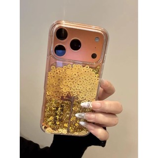Quicksand Slidable Gold Sequin Get Rich Tree Goldfish Vỏ Điện Thoại Trong Suốt Cho iPhone 17Promax 17Pro 12 13 14 15 16 Pro Max Chống Sốc Nam Nữ Vỏ Di Động