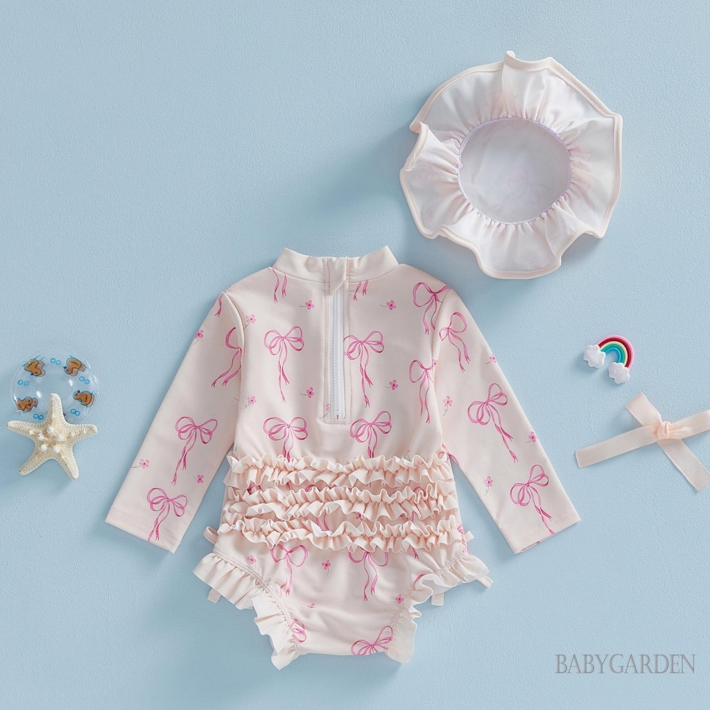 3 tháng-3 tuổi Bé Gái Rash Guard Đồ Bơi Nơ In Hình Dài Tay Cổ Tròn Ruffle Áo liền quần Và Mũ Cho Bể Bơi Bãi Biển
