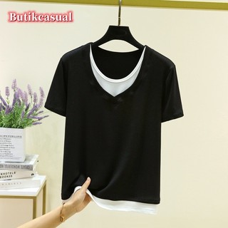 Áo thun cotton nữ mùa hè giả hai mảnh áo thun tay ngắn mới ren mỏng đáy áo sơ mi đa năng mỏng hàng đầu
