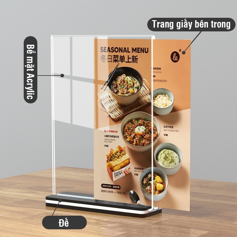 Bảng menu quán cà phê mica trong suốt – Bảng mica để bàn hiển thị giá, menu và mã QR tiện lợi