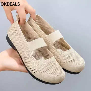 Giày đơn mũi vuông OKDEALS, Giày lười có thể gập lại Giày đế bệt nữ rỗng, Giày đế mềm mùa hè Giày lưới thoáng khí cho mẹ dành cho nữ