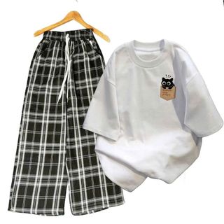 Bộ quần ống rộng caro đen to+ và áo phông nam nữ chất vải cotton su popop -thuba94