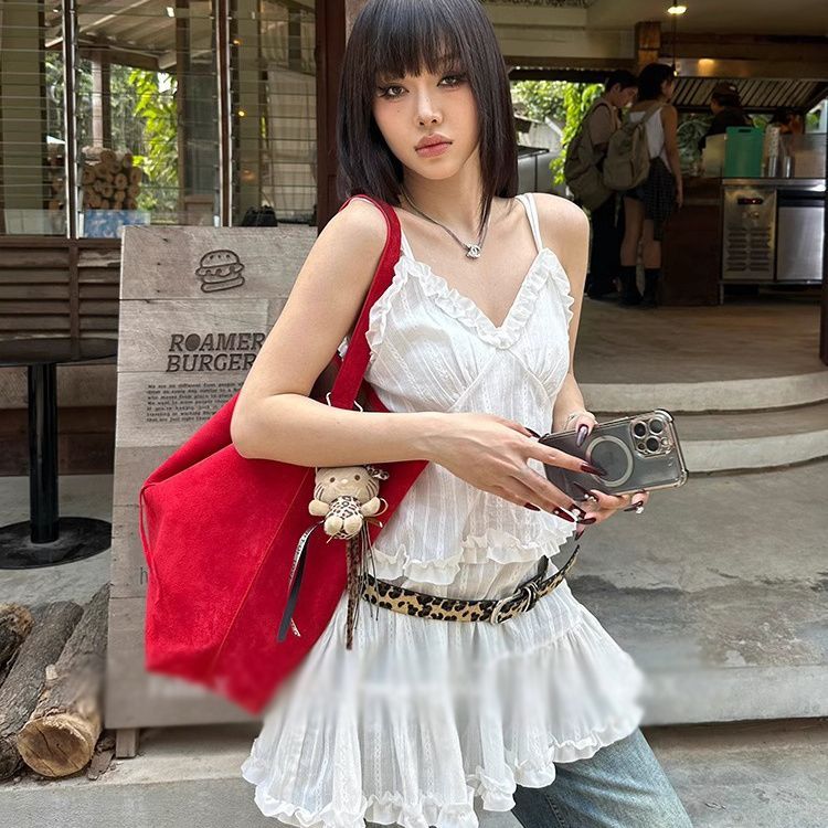 Váy đeo chéo sọc trắng Milyfashion Y2K Phong cách mới Slimer Look Váy ngắn xếp lớp thời trang