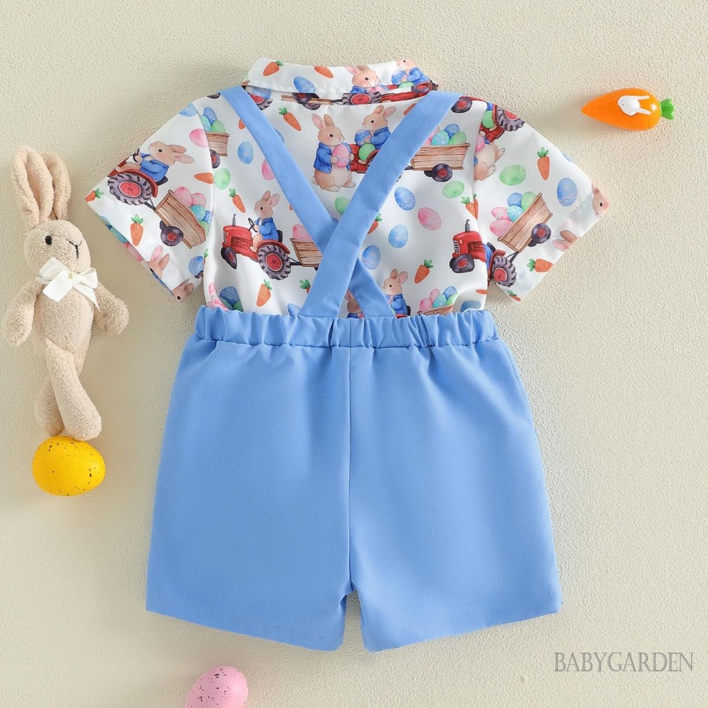 Trang phục quý ông Phục sinh cho bé trai | Bộ áo liền quần in hình thỏ + Thắt nơ + Quần short treo 2 chiếc