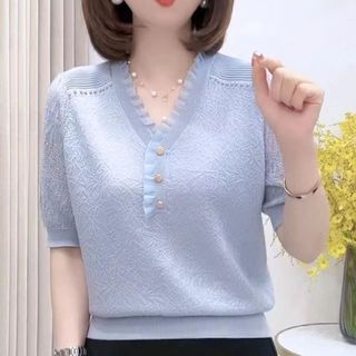 Áo Thun Cổ Chữ V Tay Ngắn Cho Nữ, Thiết Kế Ren Cổ Điển Xu Hướng Hàn Quốc, Thích Hợp Mặc Mùa Hè