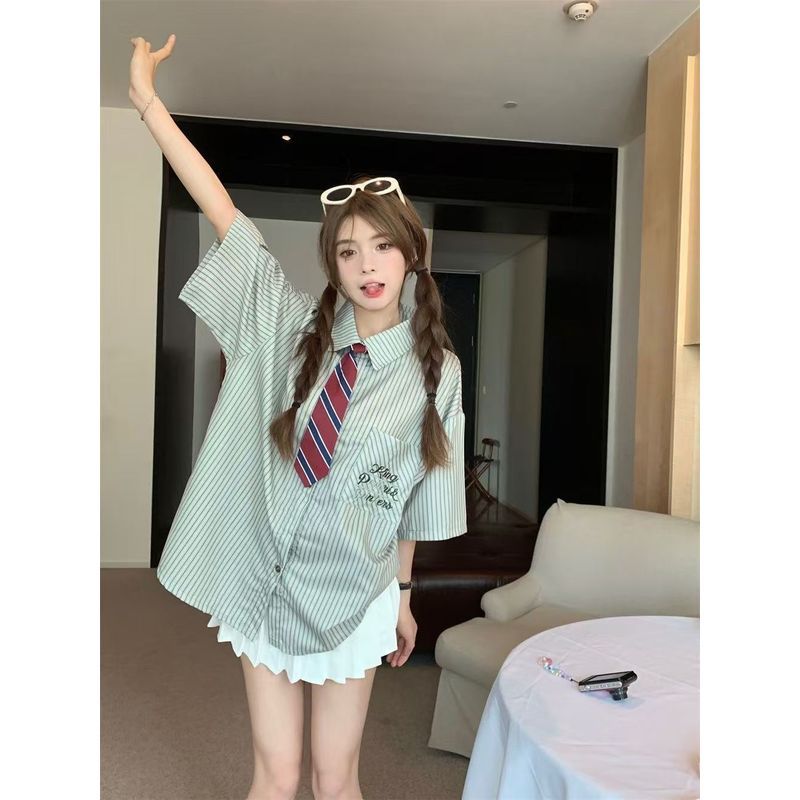 Mỹ Retro Preppy Áo Sơ Mi Nữ Màu Sọc Tương Phản, Mỏng Nhẹ, Phù Hợp Thời Trang Mùa Hè