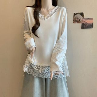 Size Lớn Đức Nhung Ren Khâu Cổ Chữ V Dài Tay Top Nữ Thu Đông 2025 Rời Thời Trang Đáy Áo Sơ Mi Nữ C