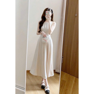 Váy cổ yếm dáng dài xòe chất chéo tiểu thư Hàn Quốc, Váy maxi dáng dài tiểu thư