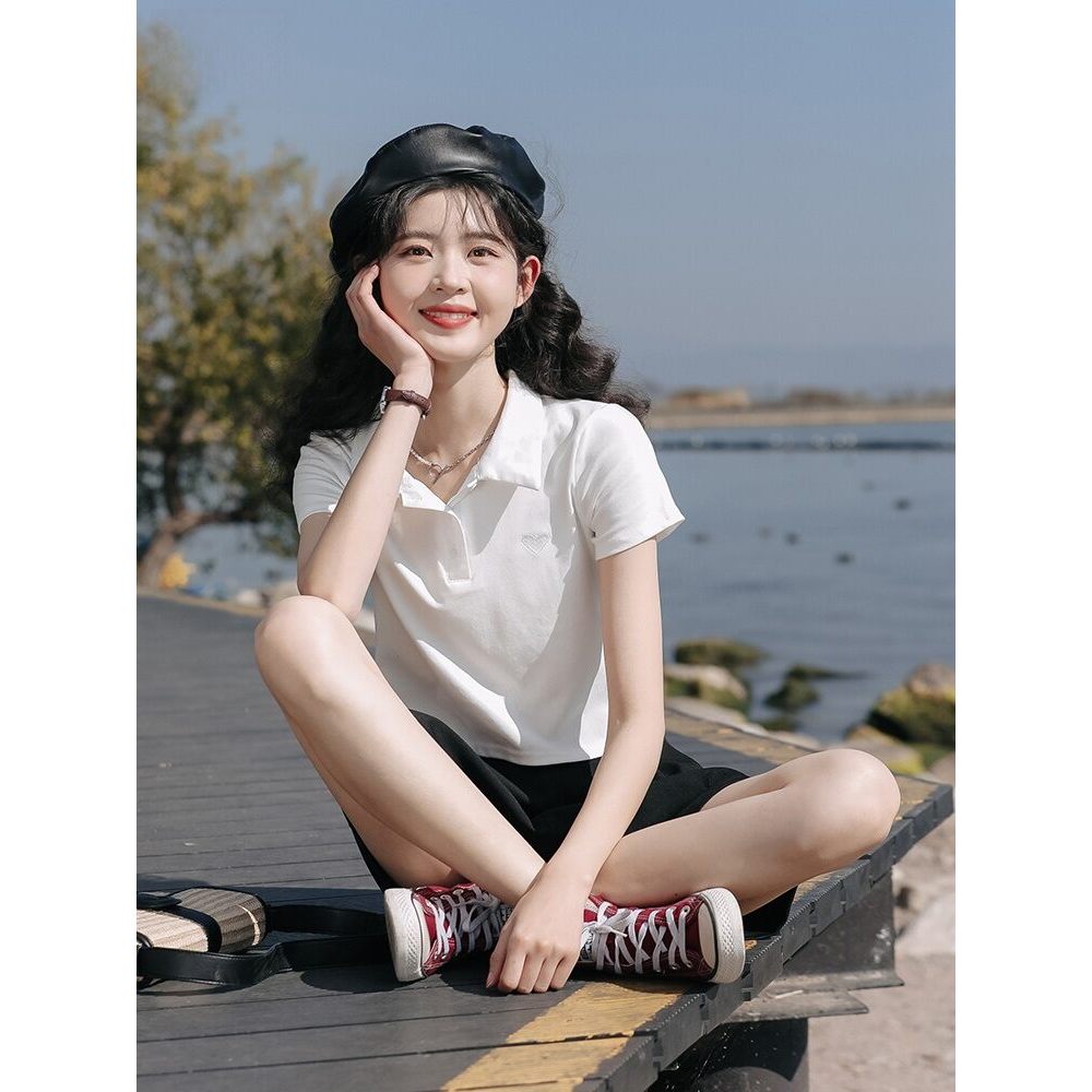 MUTU | Áo thun polo nữ ngắn tay cổ polo, thiết kế mới, chất liệu cotton, phong cách Hàn Quốc, phù hợp mùa hè