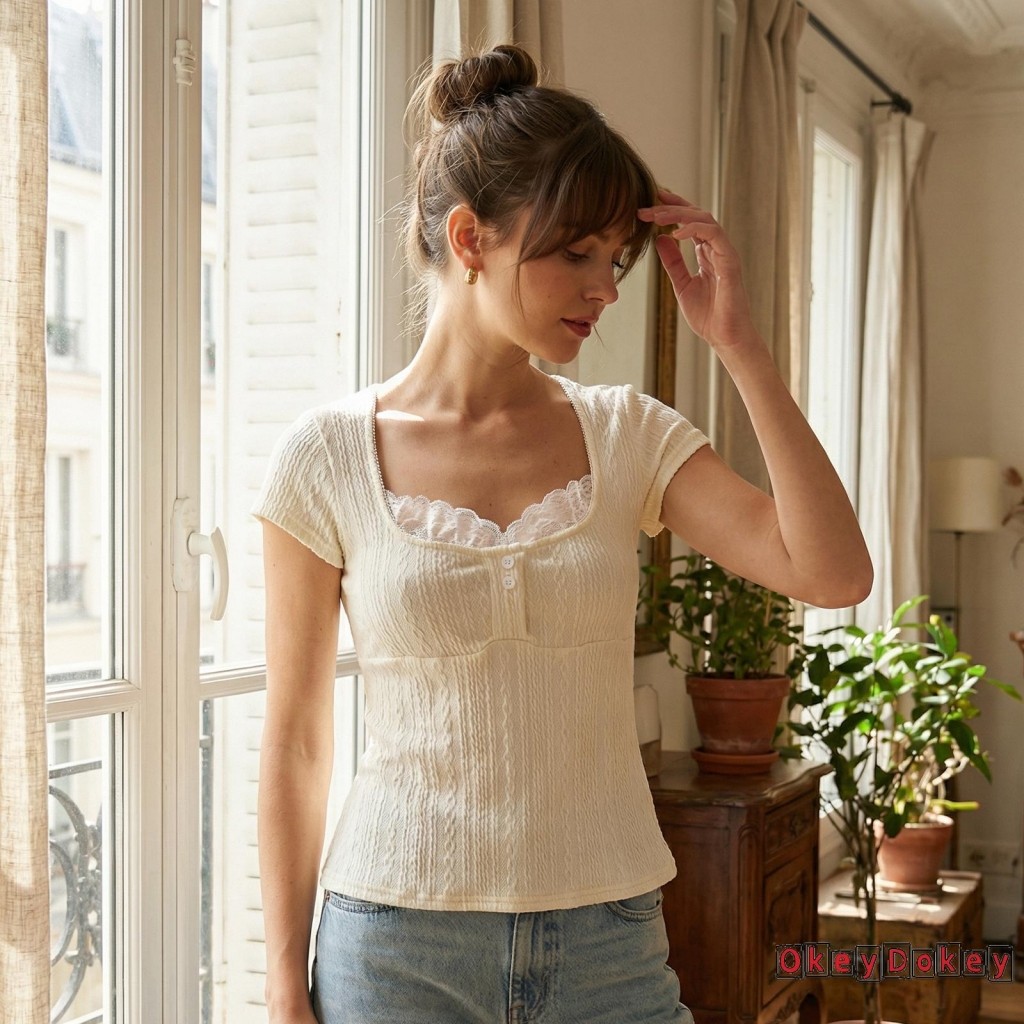 Áo cổ vuông nữ ren viền thời trang, tay ngắn, phù hợp mùa hè