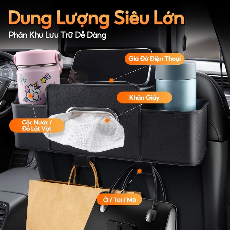SOARFLY Hộp đựng đồ ghế sau xe ô tô đa năng, đựng bình nước tiện dụng, khăn giấy, kèm giá đỡ điện thoại