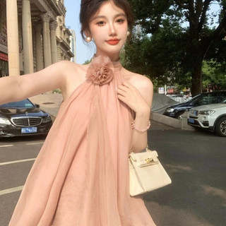Hoa Ba Chiều Màu Cam Tính Khí Voan Ngắn Tay Cổ Dây Đầm quây Bé Gái Pháp Ngọt Ngào Phong Cách Nhẹ Nhàng Ngọt Ngào Váy Ngắn Cổ Tích