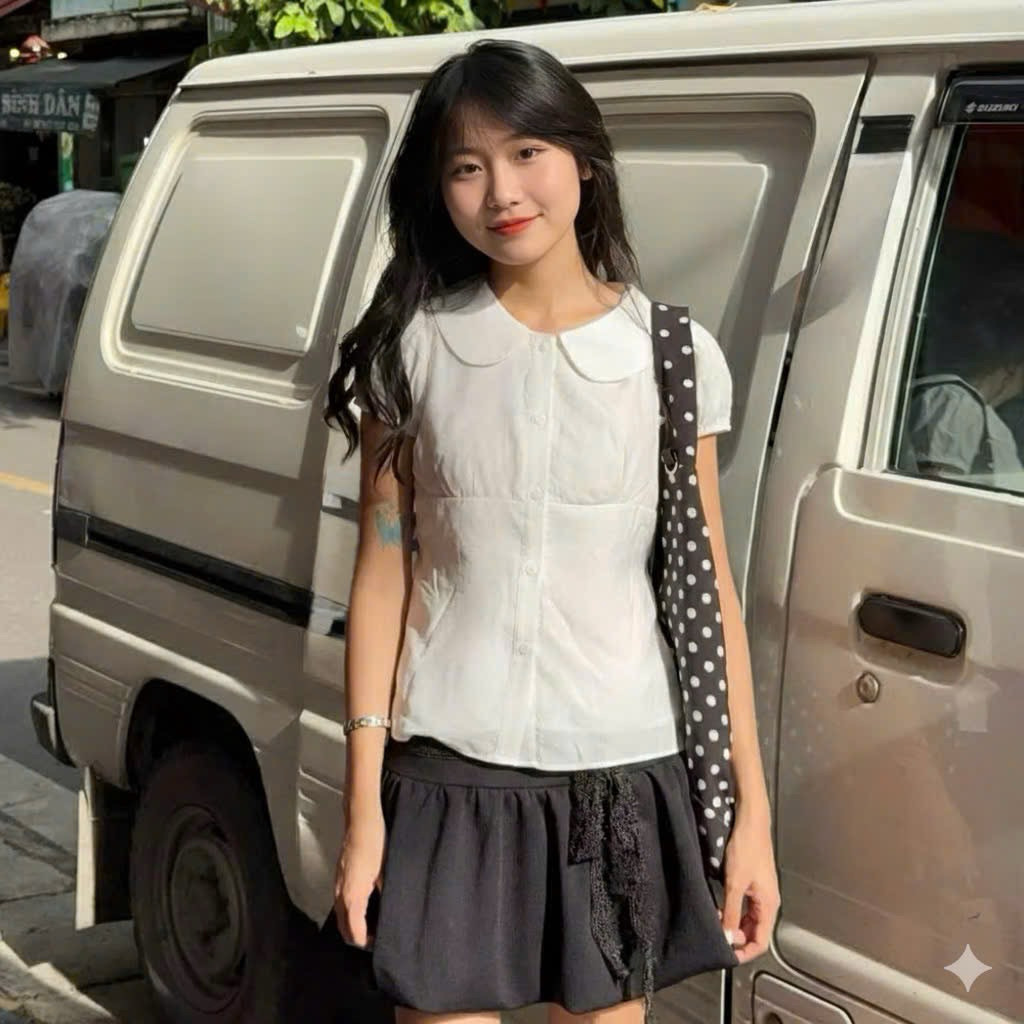 Áo sơ mi công chúa cổ bèo sen tay ngắn búp bê có dây cột eo sau tăng chỉnh SS0363