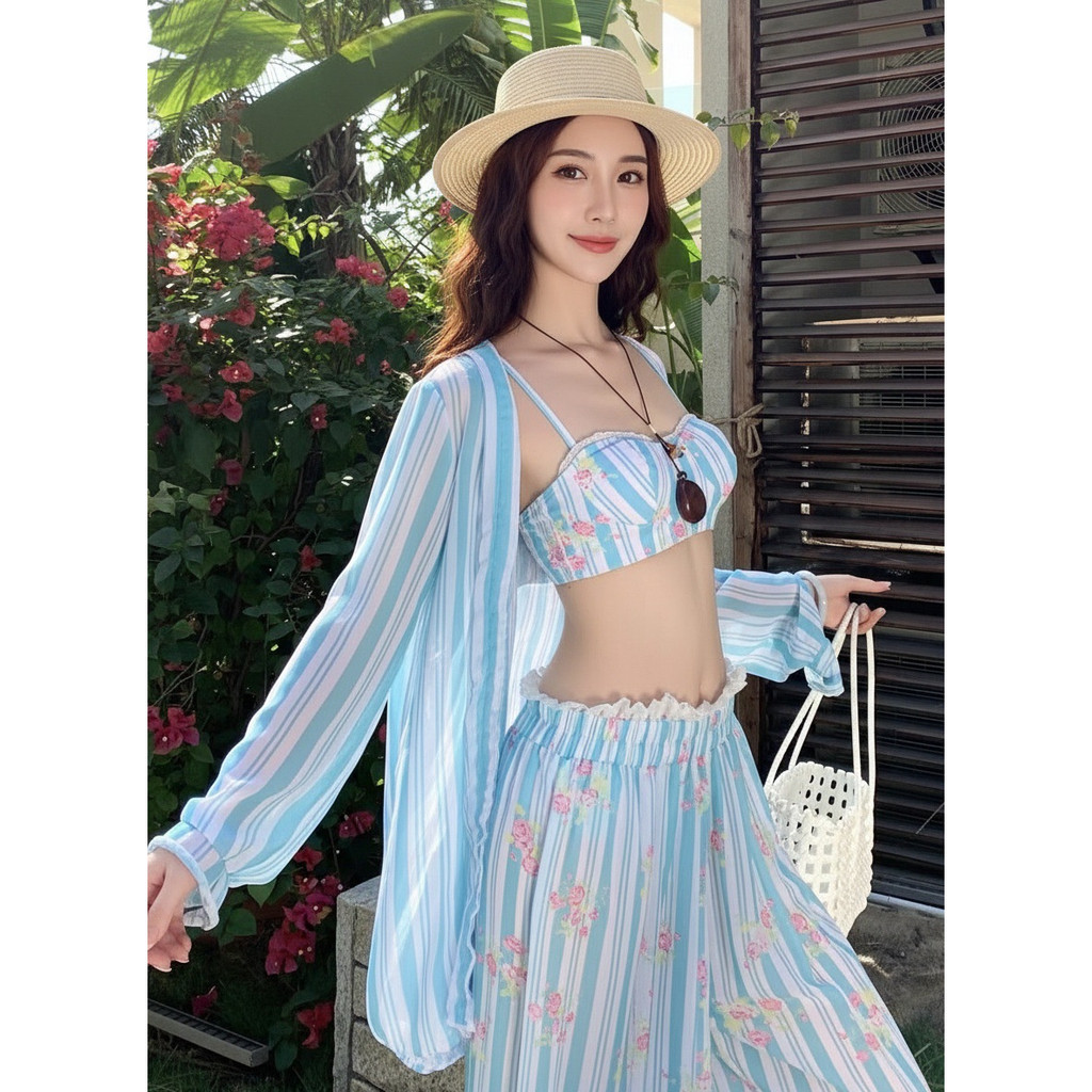 Đồ Bơi Nữ 4 Món Dài Tay Chống Nắng, Áo Tắm Thể Thao Che Bụng Kín Đáo Hoa Sọc