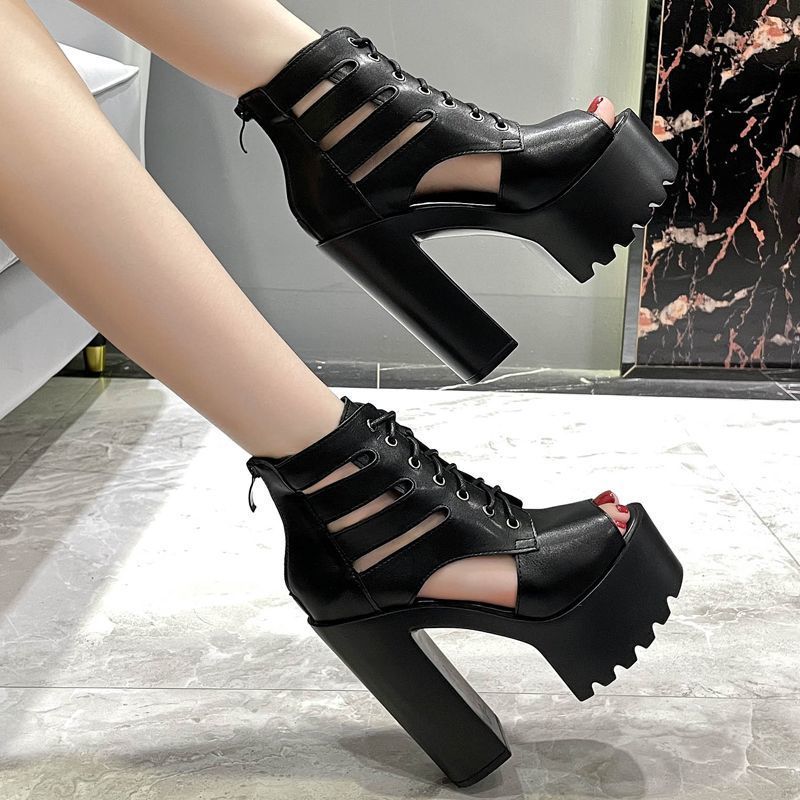 Giày Sandal La Mã Gót Dày Gót Siêu Cao Nữ Xuân Thu Phong Cách Mới Ghét Bầu Trời Cao 14cm Đế Dày Rỗng Cá Miệng Ren-U