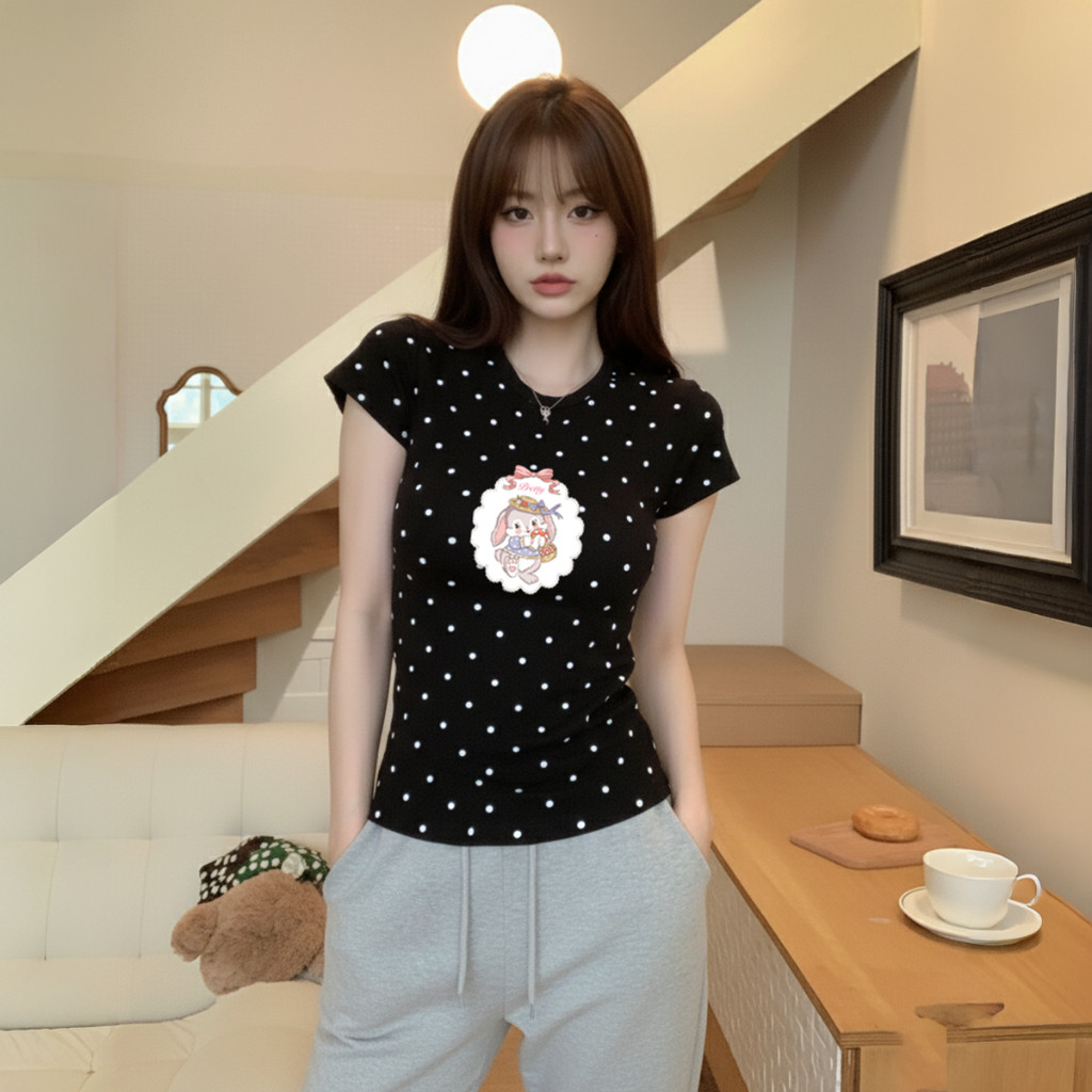 Áo Thun Baby Tee Dáng Ôm Chấm Bi  In Hình Thỏ Dễ Thương A5208844