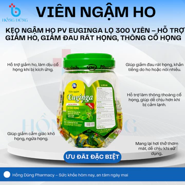 Kẹo Ngậm Ho PV Euginga Lọ 300 Viên – Hỗ Trợ Giảm Ho, Giảm Đau Rát Họng, Thông Cổ Họng | Hàng Chính Hãng