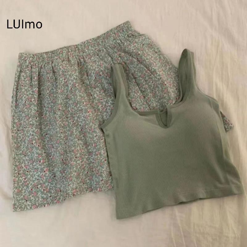 LUImo Hoa Co Giãn Eo Pyjama Vest Có Đệm Ngực Pyjama Quần Nhà Quần Mùa Hè Bộ Dành Cho Nữ SBS