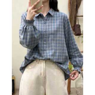 [Hàng có sẵn] Áo sơ mi nữ dài tay 100% cotton phong cách Mori caro, phù hợp mùa xuân