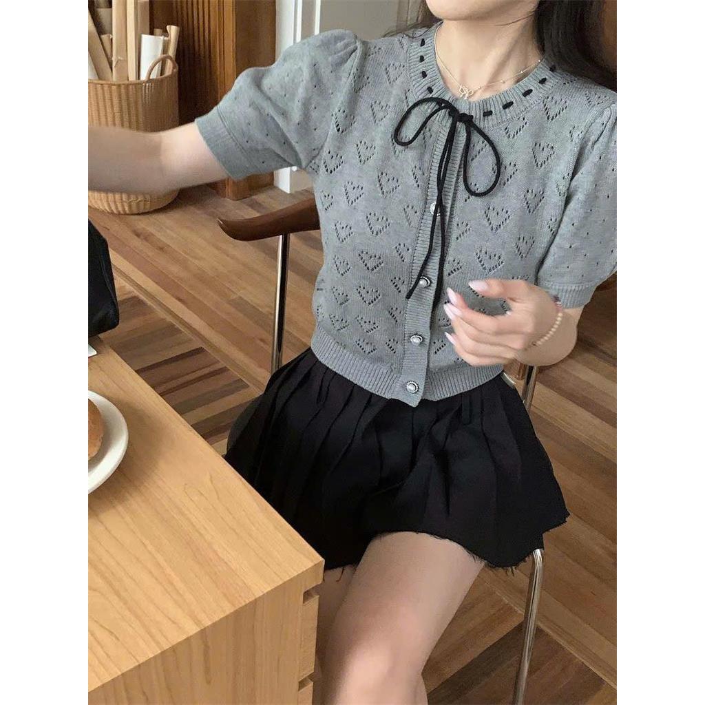 (Hàng QCCC) Áo cardigan len cộc tay dáng ngắn thiết kế phối dây buộc nơ phong cách tiểu thư hottrend MIHN SP450