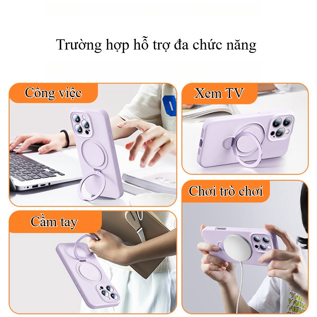 Ốp Lưng Silicone Mềm Giá đỡ Xoay 360° Cho IPhone 17 16 15 14 13 Pro Max | Chống Sốc Kèm Dây đeo Chéo Dài