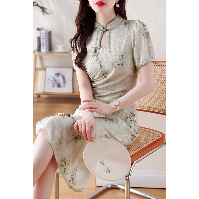 váy sườn xám kiểu mới dành cho nữ, váy xếp ly cổ đứng in họa tiết vintage,phong cách cổ điển, mẫu mới mùa xuân/hè