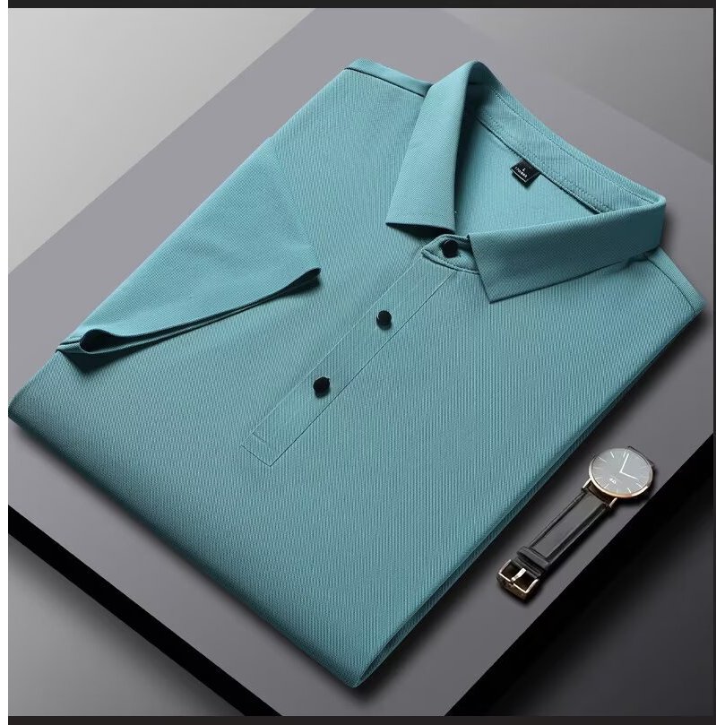 Áo sơ mi polo tay ngắn bằng lụa băng dành cho nam, mẫu mới, phù hợp làm việc văn phòng và thời trang đường phố.