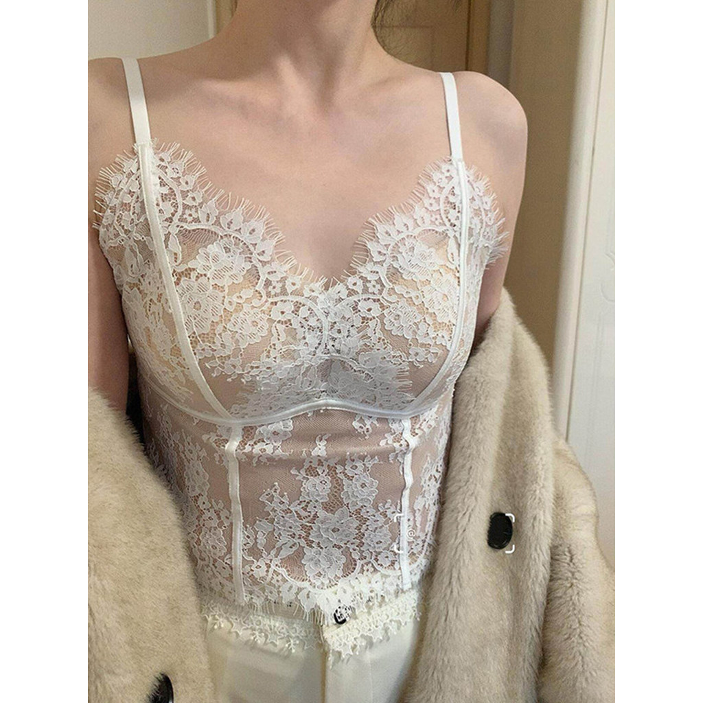 Lông Mi Gợi Cảm Ren Camisole Nữ Bên Ngoài Mặc Đẹp Lưng Một Có Miếng Lót Ngực
