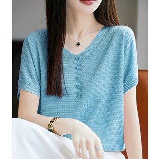 Áo len cổ chữ V tay ngắn nữ, phiên bản Hàn Quốc, phù hợp mùa hè