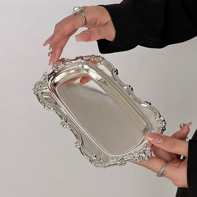 Khay Đĩa Inox Phong Cách Bắc Âu Ins Retro - Dùng Cho Bánh, Tráng Miệng, Bàn Lạnh, Kiểu Dáng Hàn Quốc