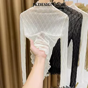 JKDESIGN Áo cao cổ lưới vải ren màu trơn, thiết kế thoáng khí với họa tiết tinh tế, phù hợp cho nữ